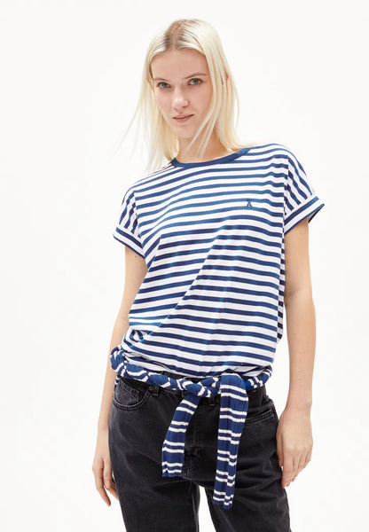 Idaara Stripes Organic Cotton T Shirt - White/Lapis Blue