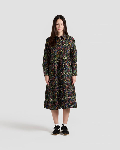 Snakes & Flowers Print Flared Shirt Dress