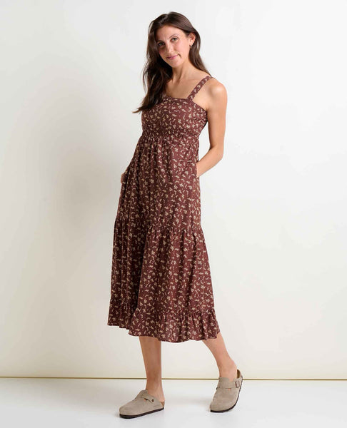 Taj Hemp Tiered Midi Sleeveless Dress - Chestnut Floral