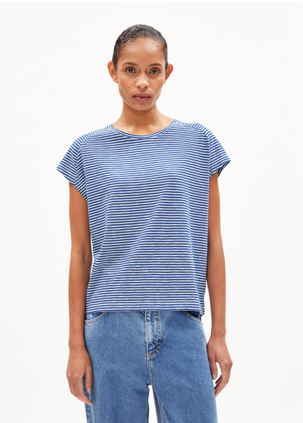 Oneliaa Lovely Stripes Organic Cotton T Shirt - Dynamo Blue/Oatmilk